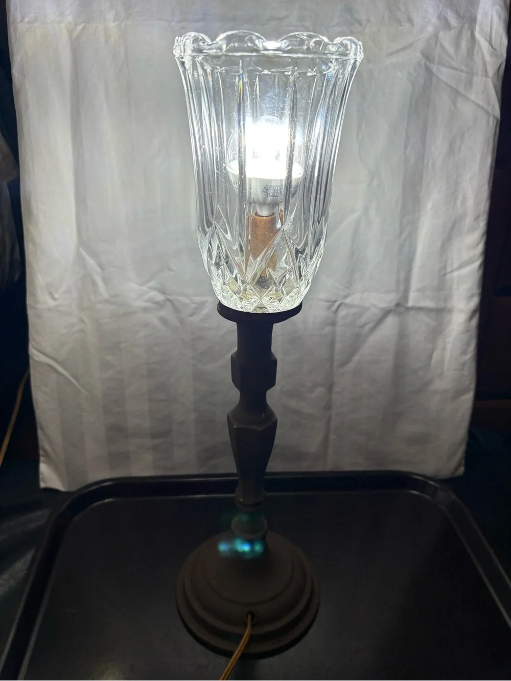 Vintage Torchiere Candlestick Table Lamp Brass Base Painted